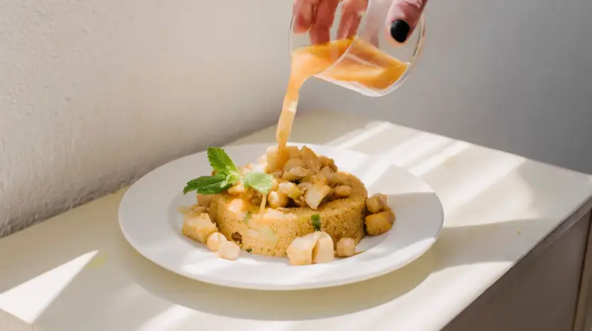 Assiette de couscous et légumes nappée de bouillon