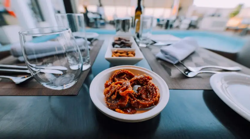 Chebakia and Moroccan dishes on a restaurant table