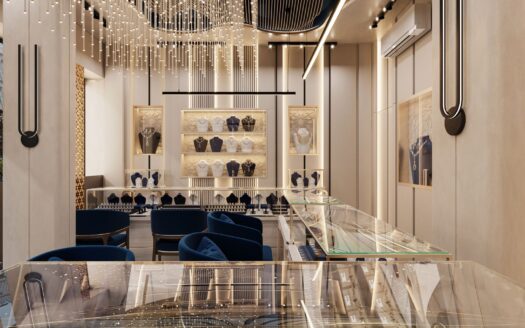 Interior of a high-end Marrakech jewellery boutique with lit display cases and velvet seating