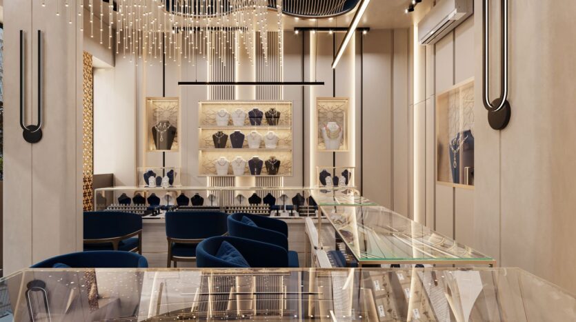 Interior of a high-end Marrakech jewellery boutique with lit display cases and velvet seating