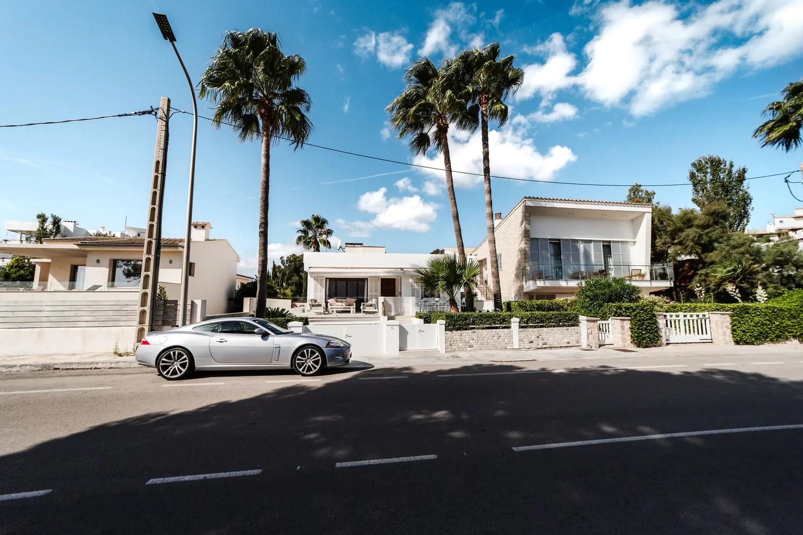 White modern houses and palm trees along a residential road