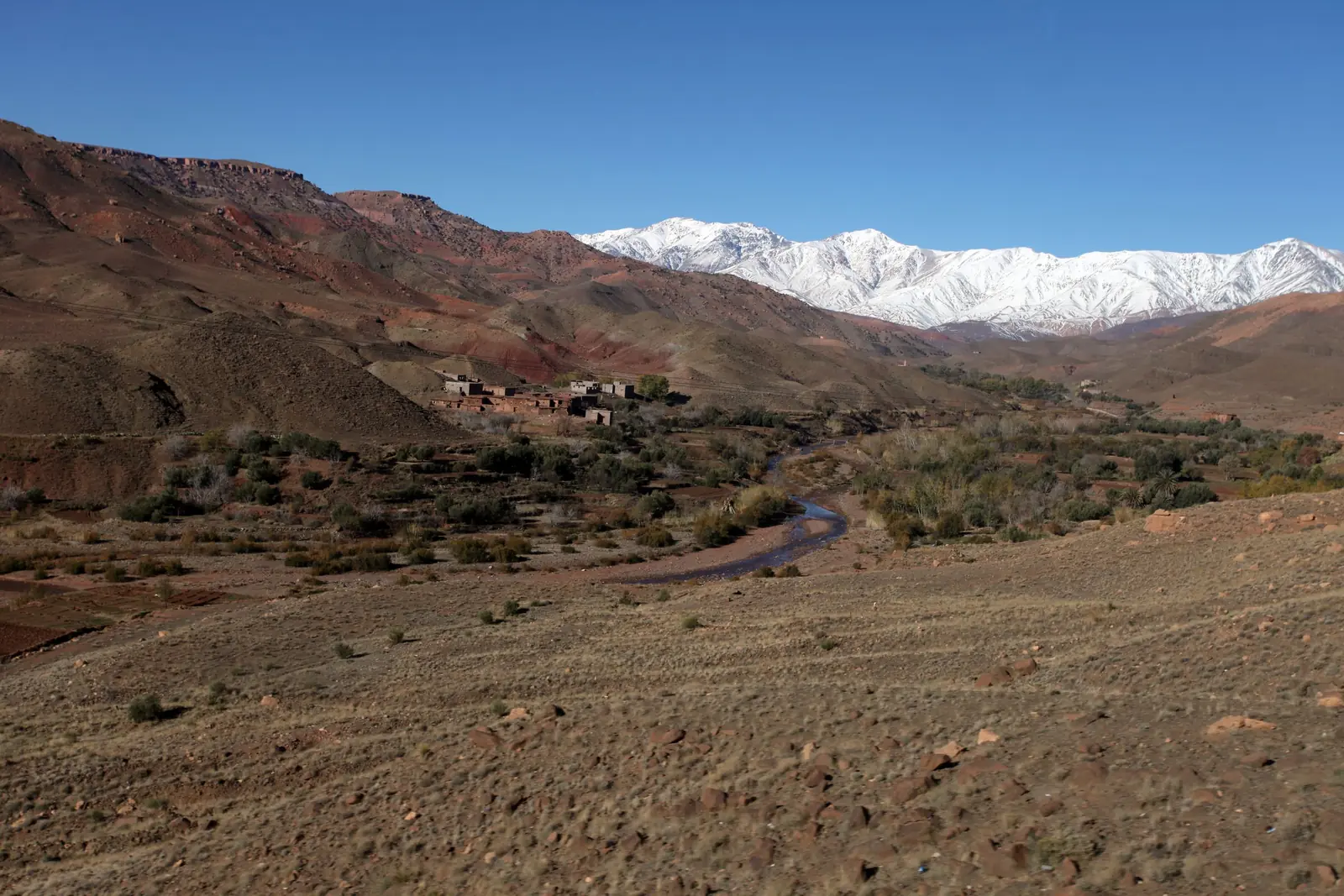 Snow-capped High Atlas above a valley in winter
