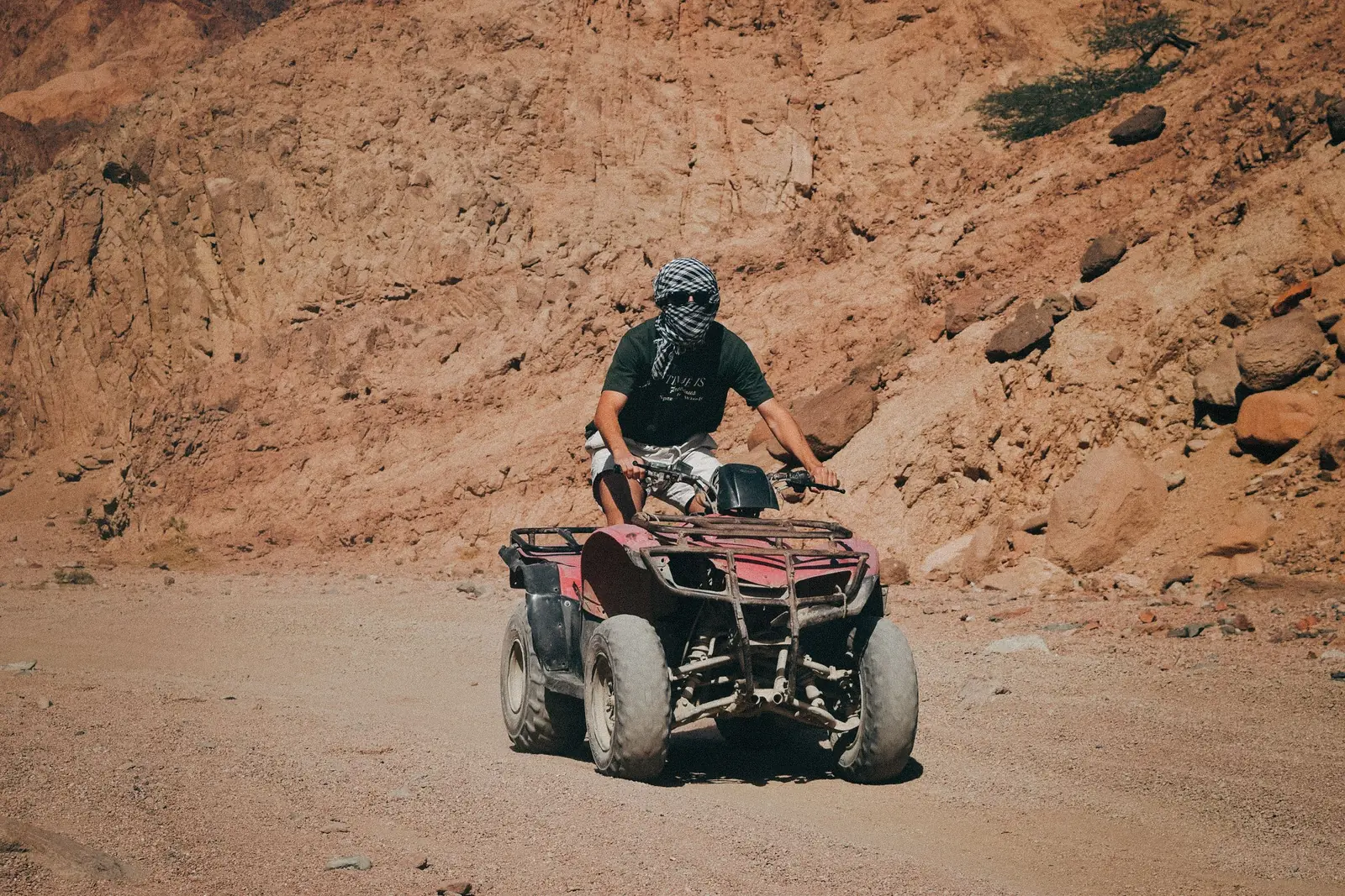 Rider on a quad bike on rocky desert ground