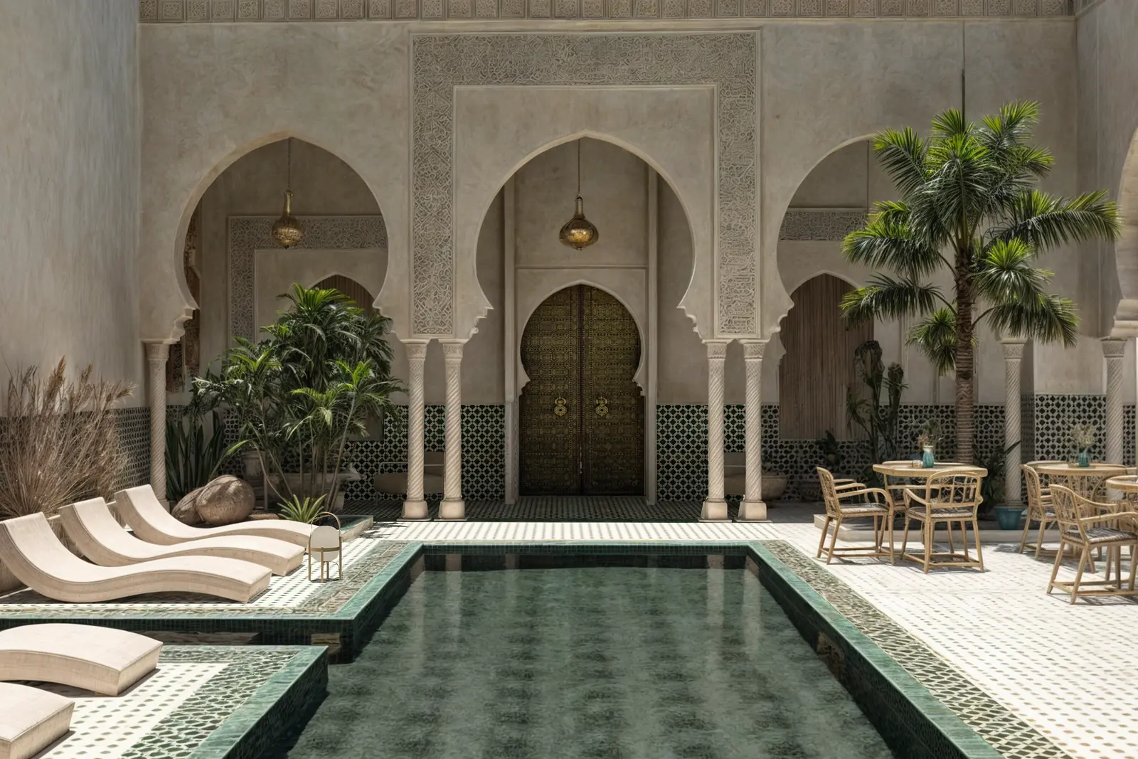 Riad courtyard with a long pool, sun loungers and carved arches