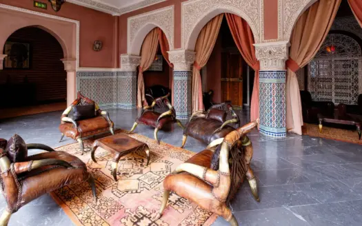 Salon marocain luxueux avec fauteuils en cuir
