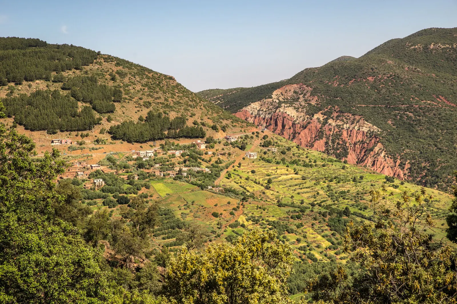 Mountain village among green terraces and red earth hills