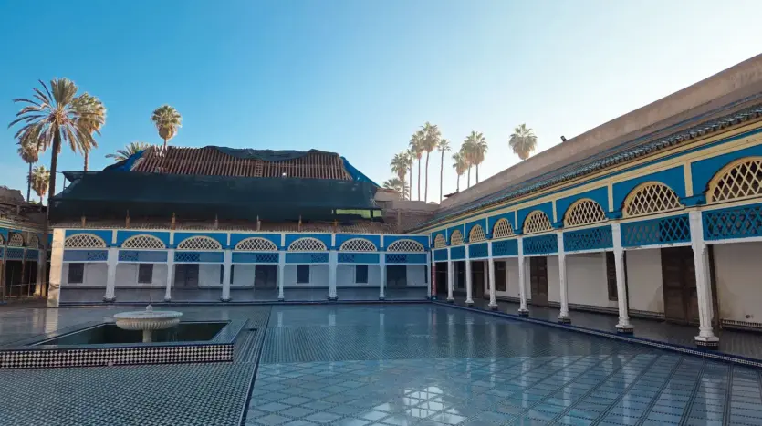 The grand courtyard of the Bahia Palace in Marrakech, with its painted galleries