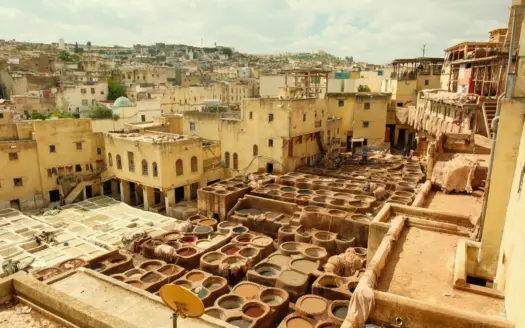 The Chouara tannery in the Fes medina, seen from a surrounding terrace