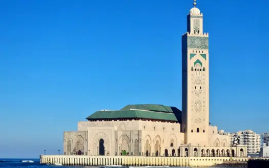 The Hassan II Mosque and its minaret on the Casablanca seafront