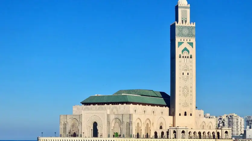 The Hassan II Mosque and its minaret on the Casablanca seafront