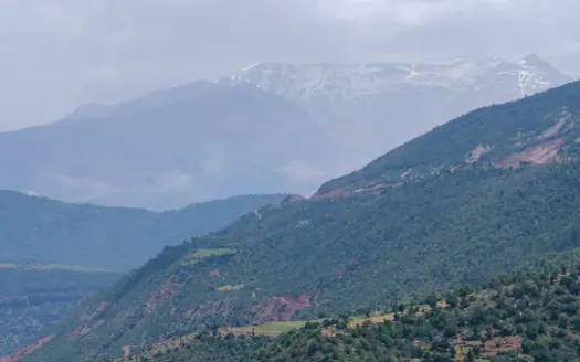 Green High Atlas valley below snow-dusted peaks