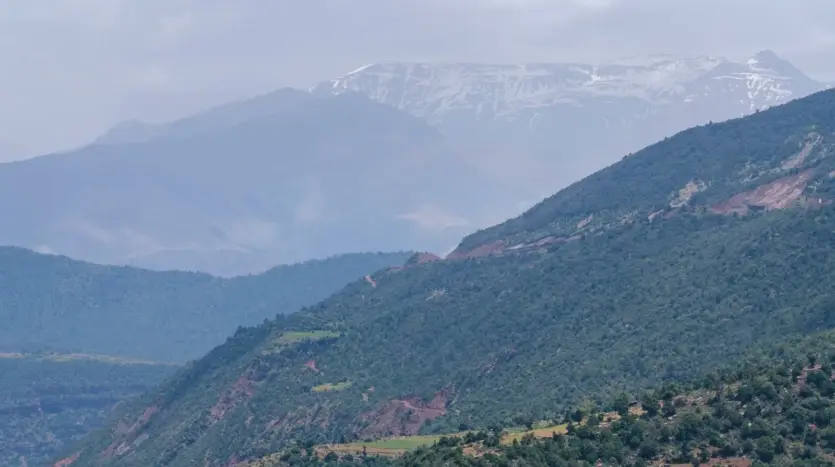 Green High Atlas valley below snow-dusted peaks