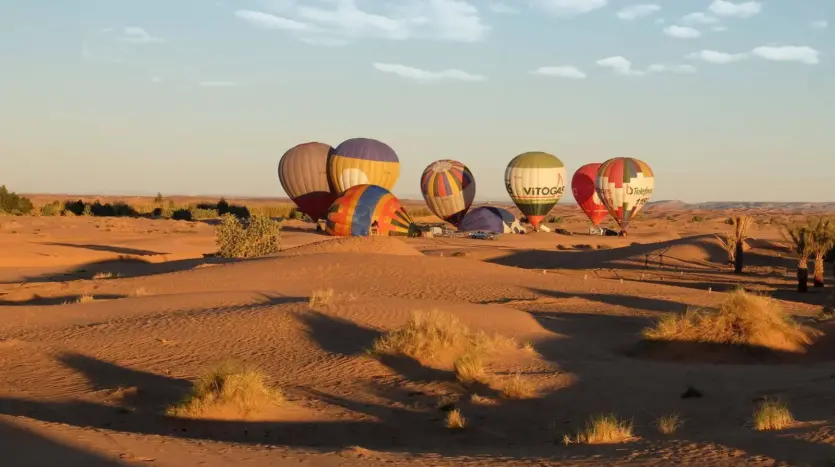 Hot-air balloons rising over a desert landscape