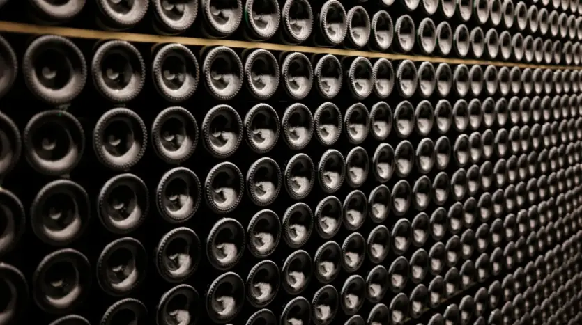 Rows of wine bottles stacked on their sides in a cellar